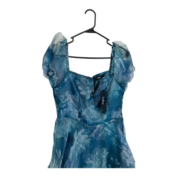 Lulu's Lulus Darling Vision Teal Floral Organza Puff Sleeve Tiered Midi Dress M - Picture 10 of 16